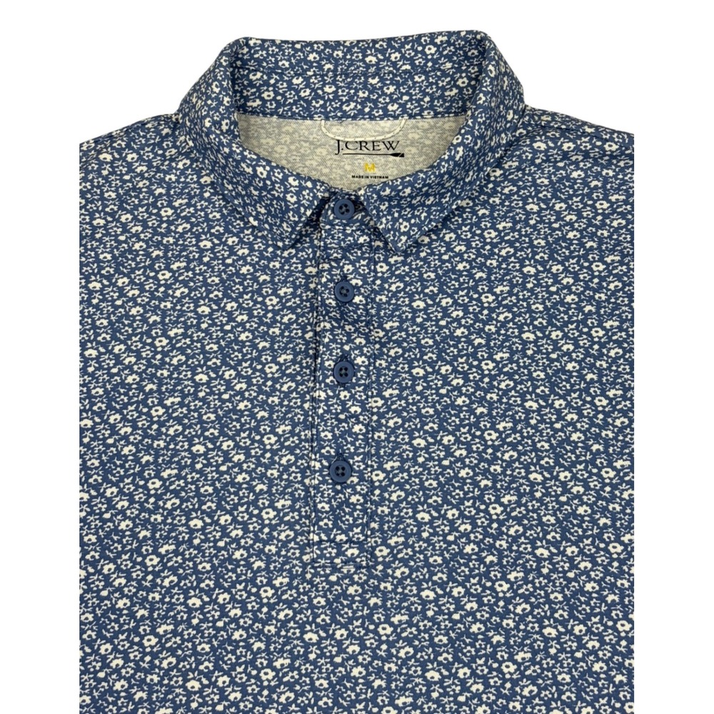 J Crew Oarsman Mens Polo Shirt Blue White Coolmax Ditsy Floral Medium Golf